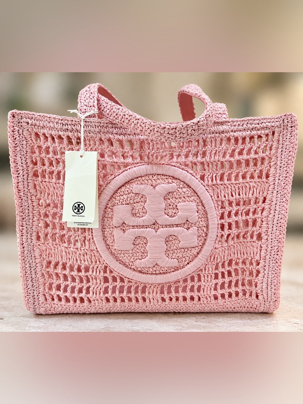 Tory Burch Ella Hand-Crocheted Small Tote Rosette Pink NWT